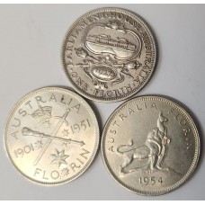 AUSTRALIA 1927 - 1954 . FLORINS . 3 COMMEMORATIVE COINS